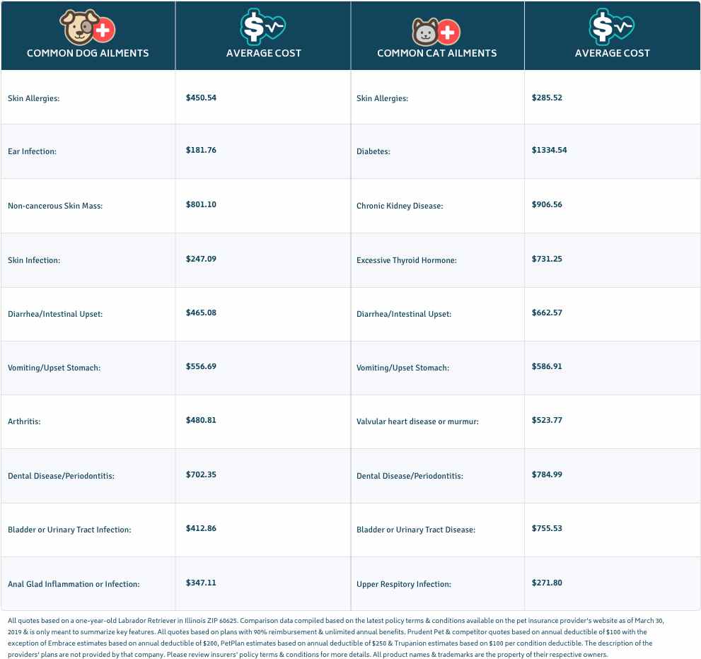Table showing common dog and cat ailments and associated average cost